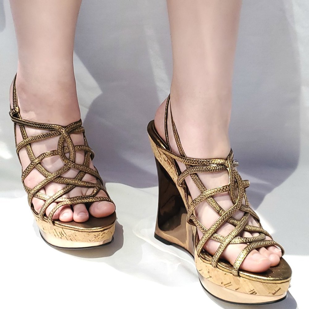 NINE WEST Gold Leather Strappy Wedge Sandal